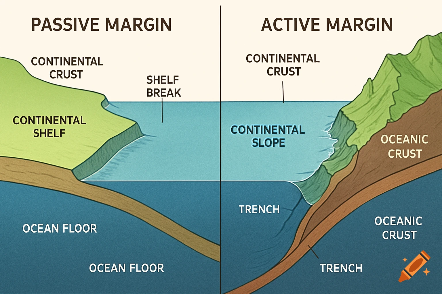 A scientific diagram illustrating and labeling the features of a passive continental margin on the left and an active continental margin on the right.