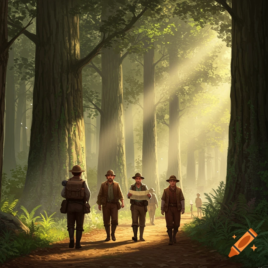 Men in explorer attire walk through a sunlit forest on a dirt path, one holding a map, in a painterly style.