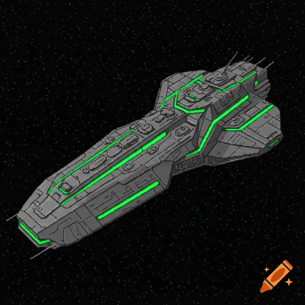 Pixel art gray spaceship with green stripes, seen from a top-down view in space.