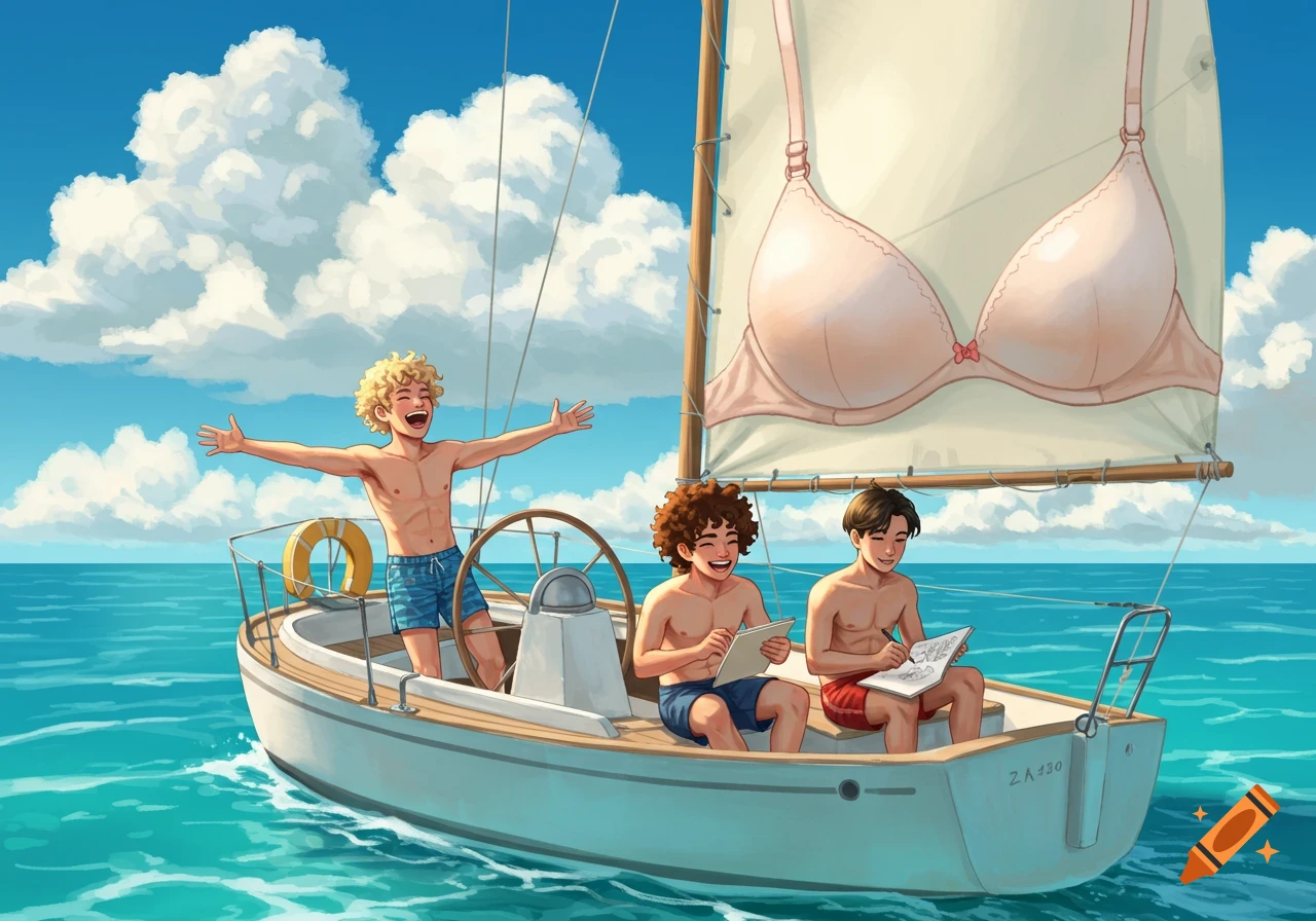 Three boys on a sailboat with a bra as the sail, cartoon style.