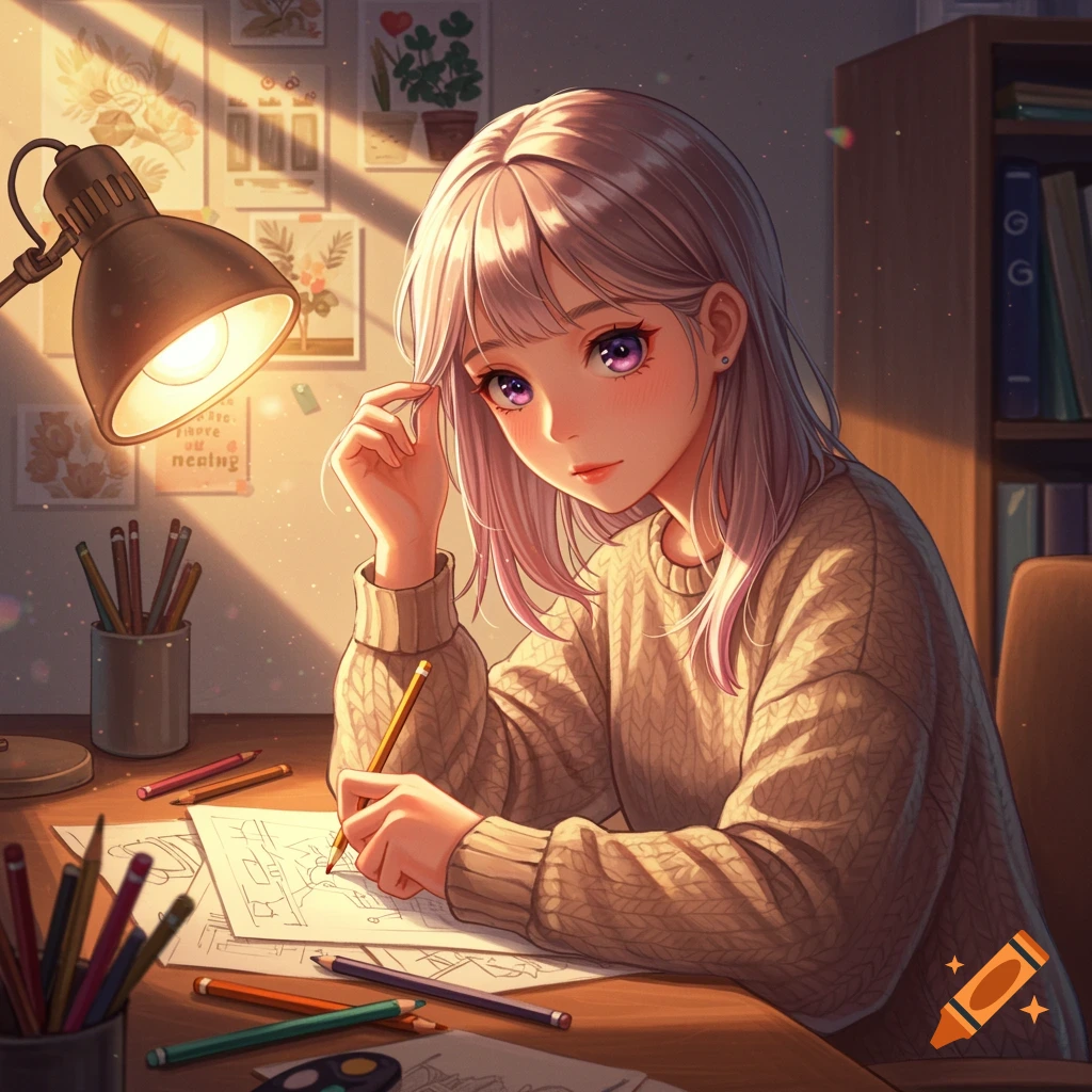 An anime girl with light hair and purple eyes drawing at a desk under a lamp, surrounded by pencils and artwork.