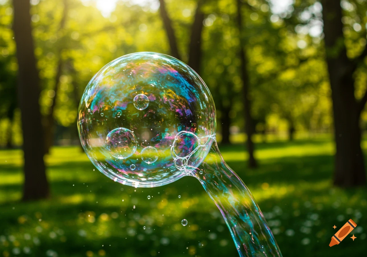 A large iridescent soap bubble floats in a sunny green park with trees in the background.