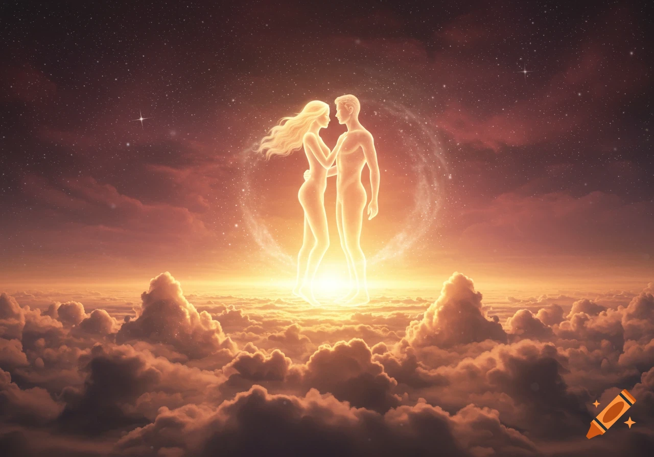 Two glowing ethereal figures, a man and a woman, stand embraced on a cloudscape under a starry, cosmic sky at sunset.