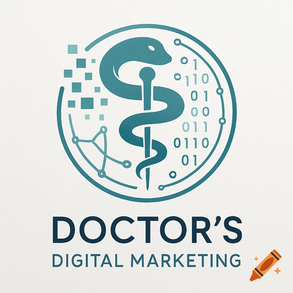 A teal logo for Doctor's Digital Marketing, featuring a caduceus symbol intertwined with binary code and pixelated squares on a white background.