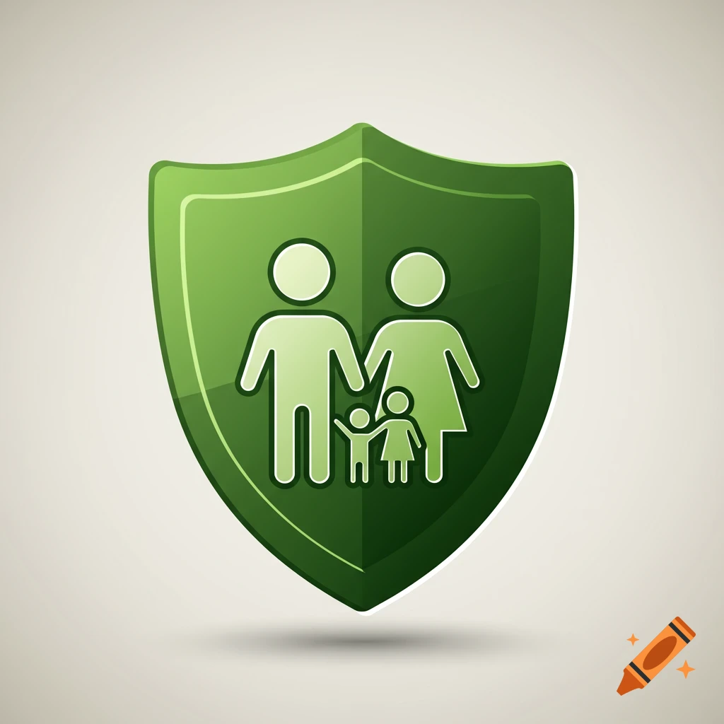 A green shield icon containing stylized light green figures of a family: a man, a woman, and two children.