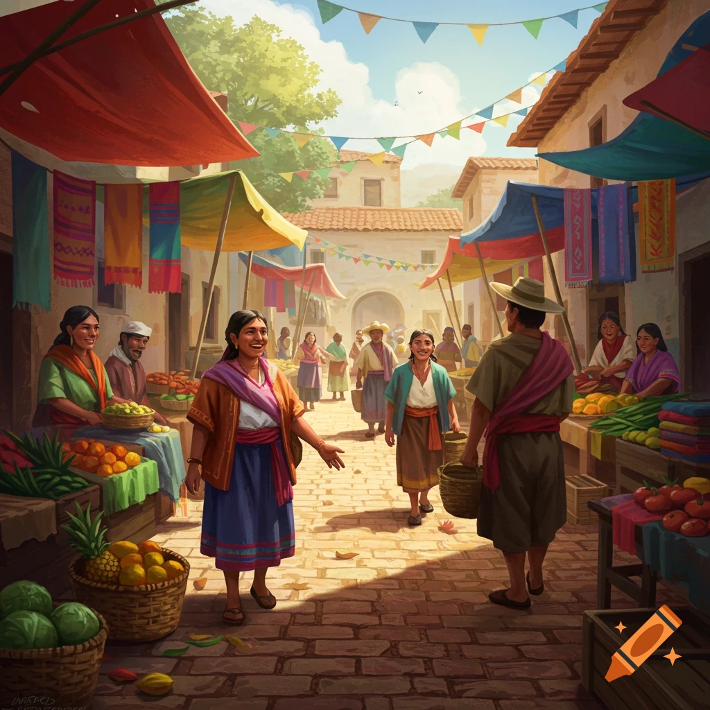 Vibrant illustration of a bustling outdoor village market with people trading goods under colorful awnings and banners.