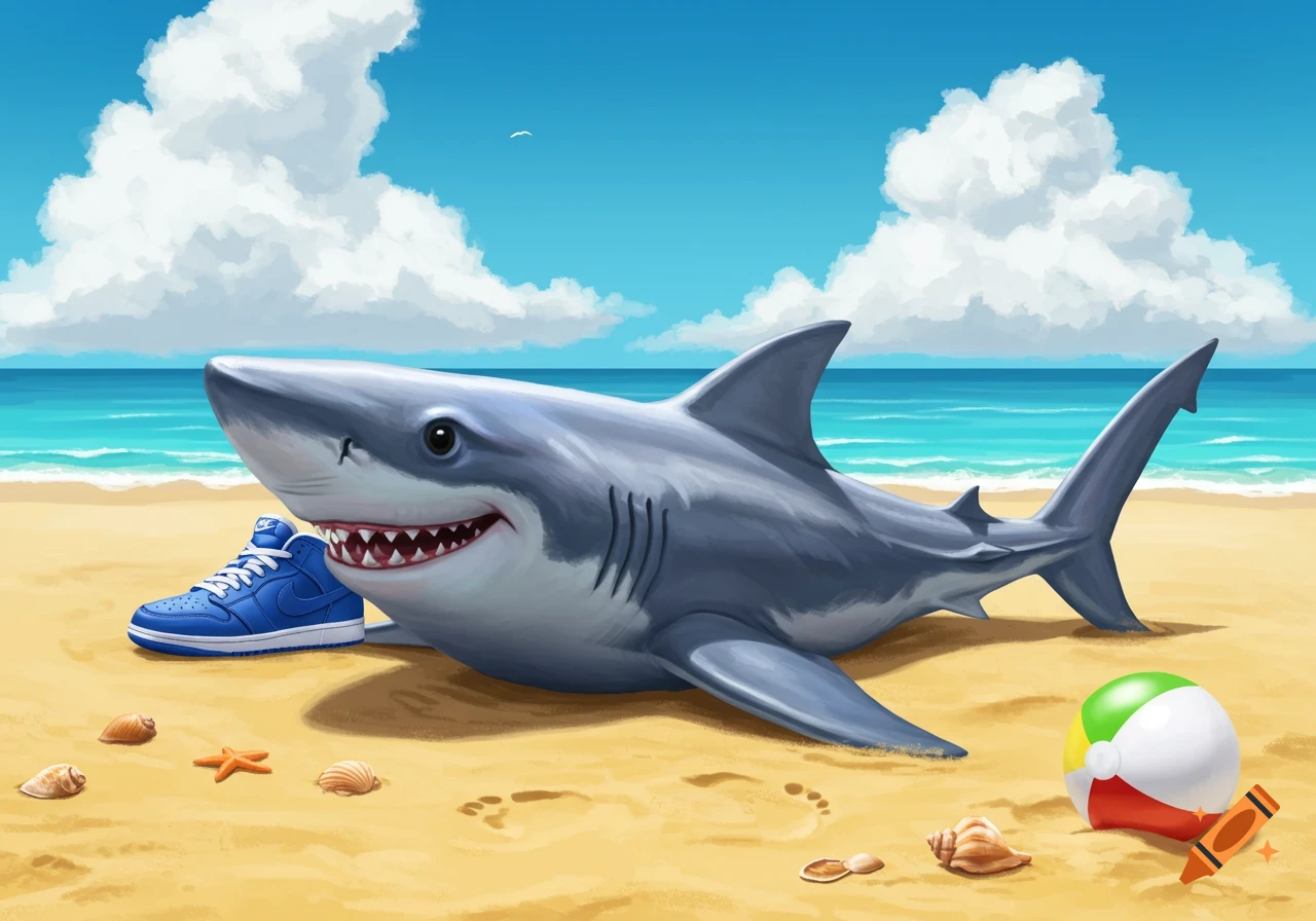 A smiling cartoon shark with big white teeth lies on a sandy beach next to a large blue high-top sneaker. Shells and a colorful beach ball are scattered around.