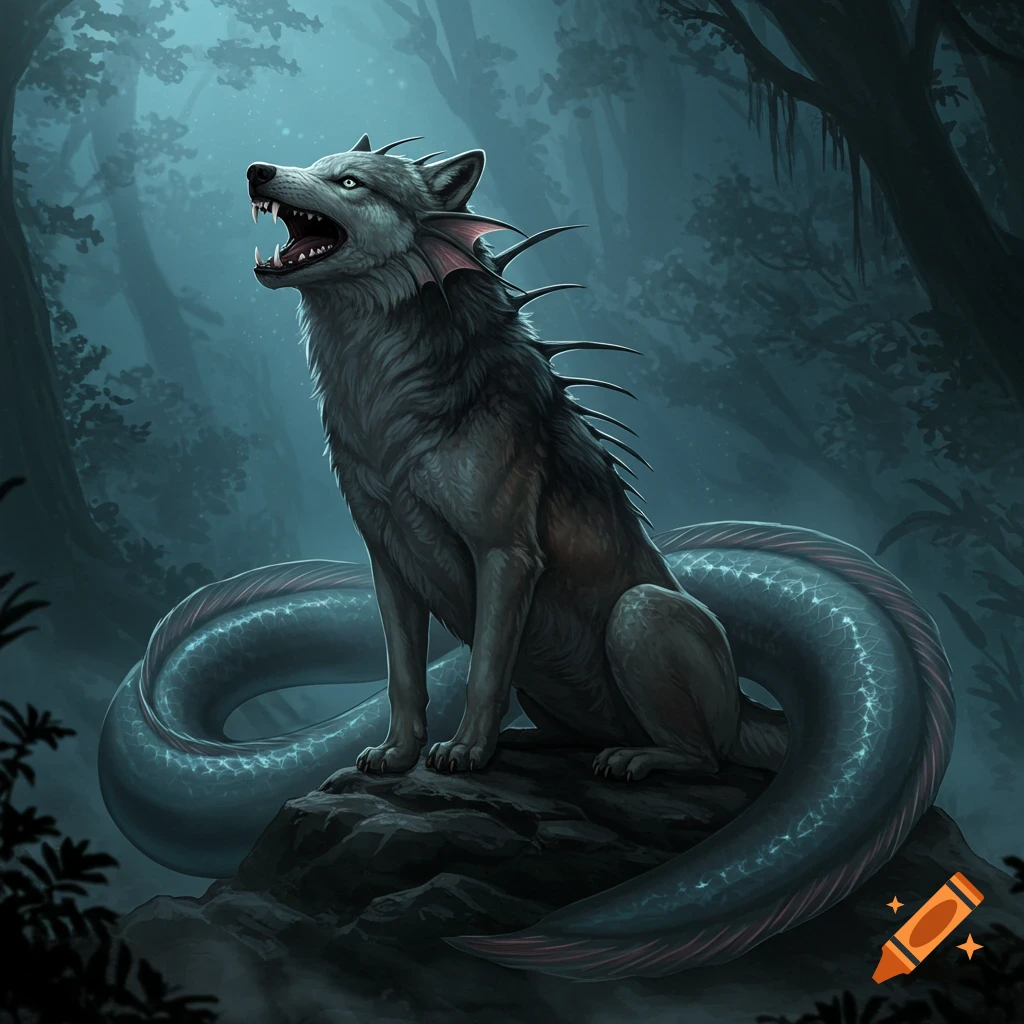 A fierce wolf-eel hybrid creature with glowing eyes, scales, and fins sits on a rock, mouth open, in a dark, misty forest.