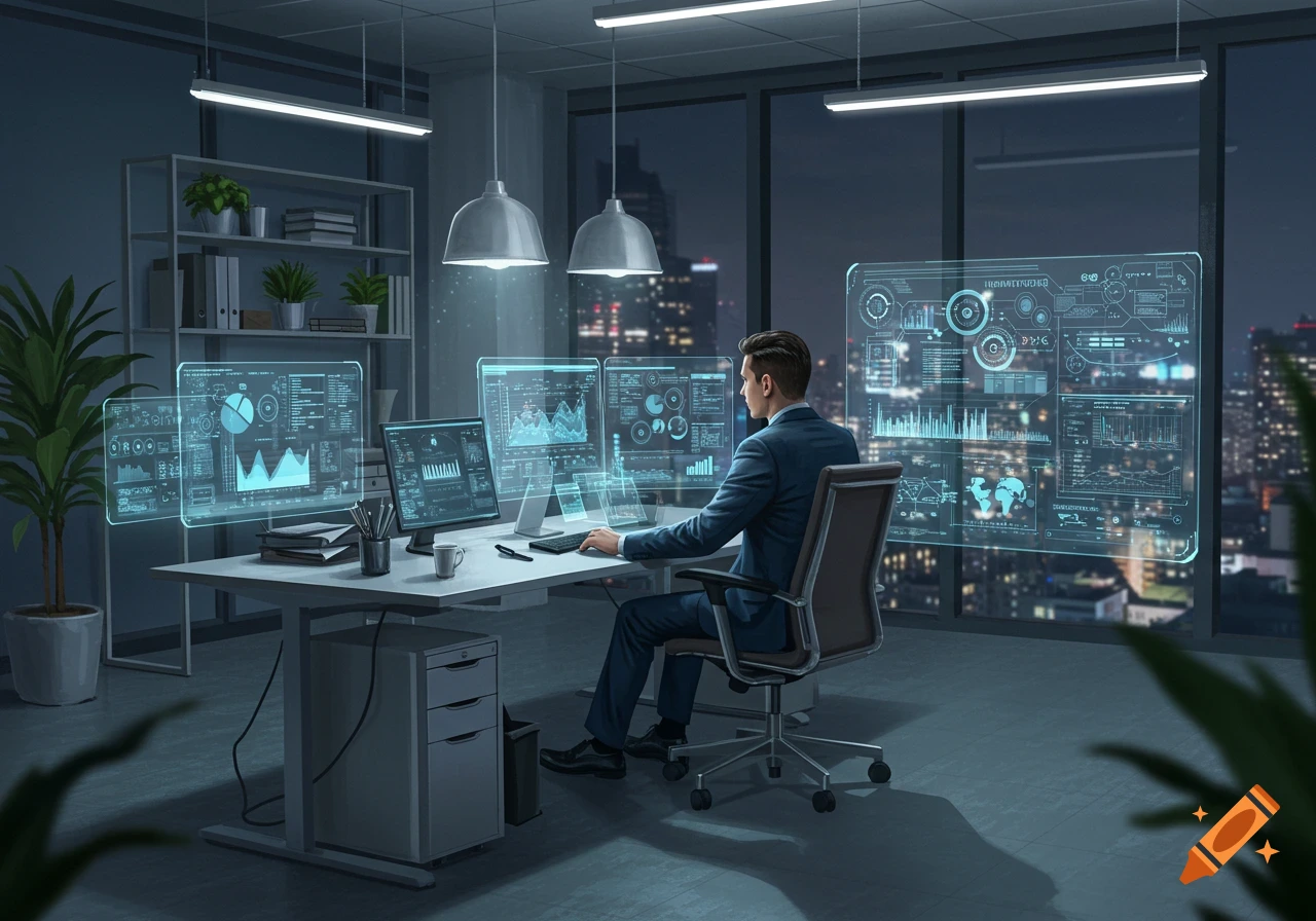 A man in a suit sits at a desk in a modern office at night, surrounded by glowing holographic data screens and city lights outside.