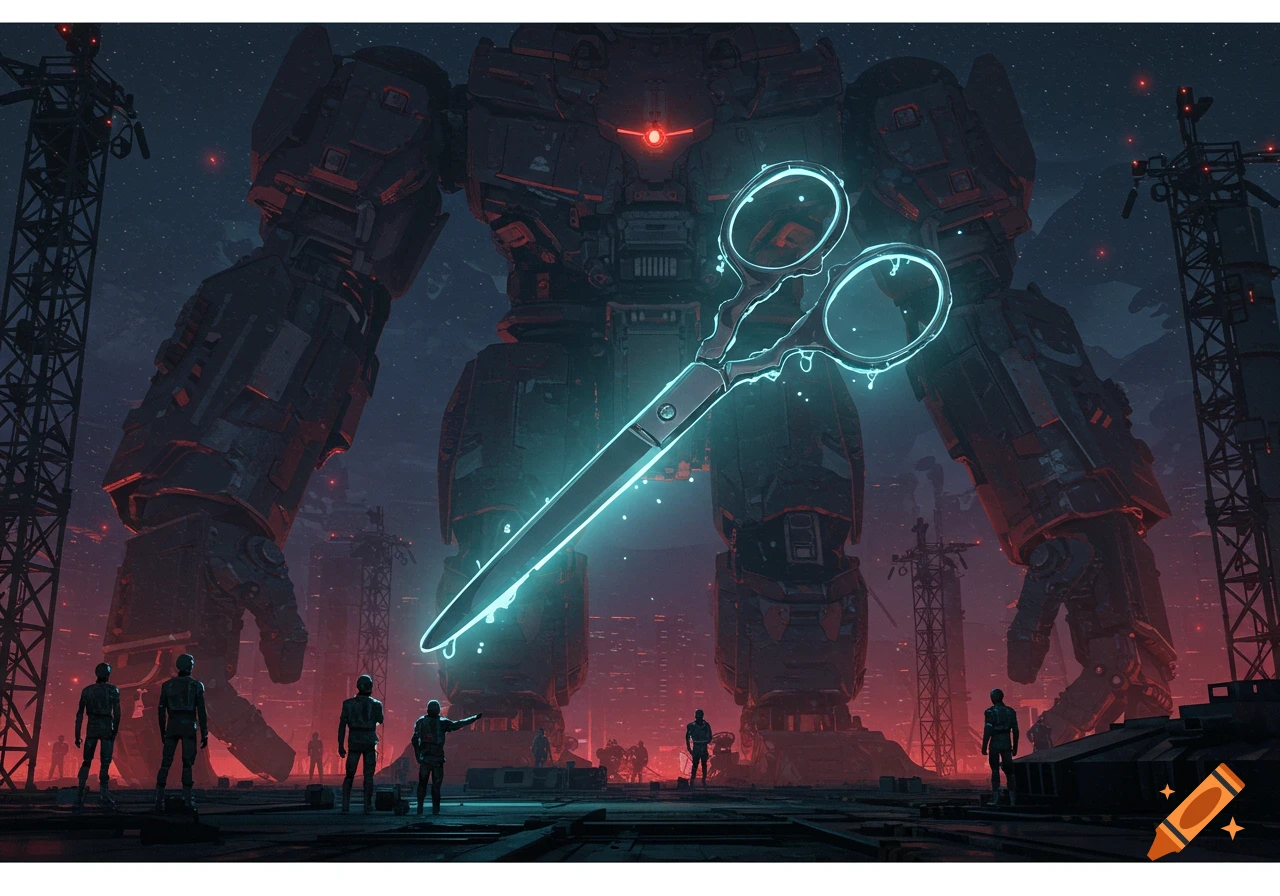 A colossal dark robot stands in a futuristic, red-lit city at night, with a giant glowing neon blue pair of scissors floating in front of it, as several figures observe.