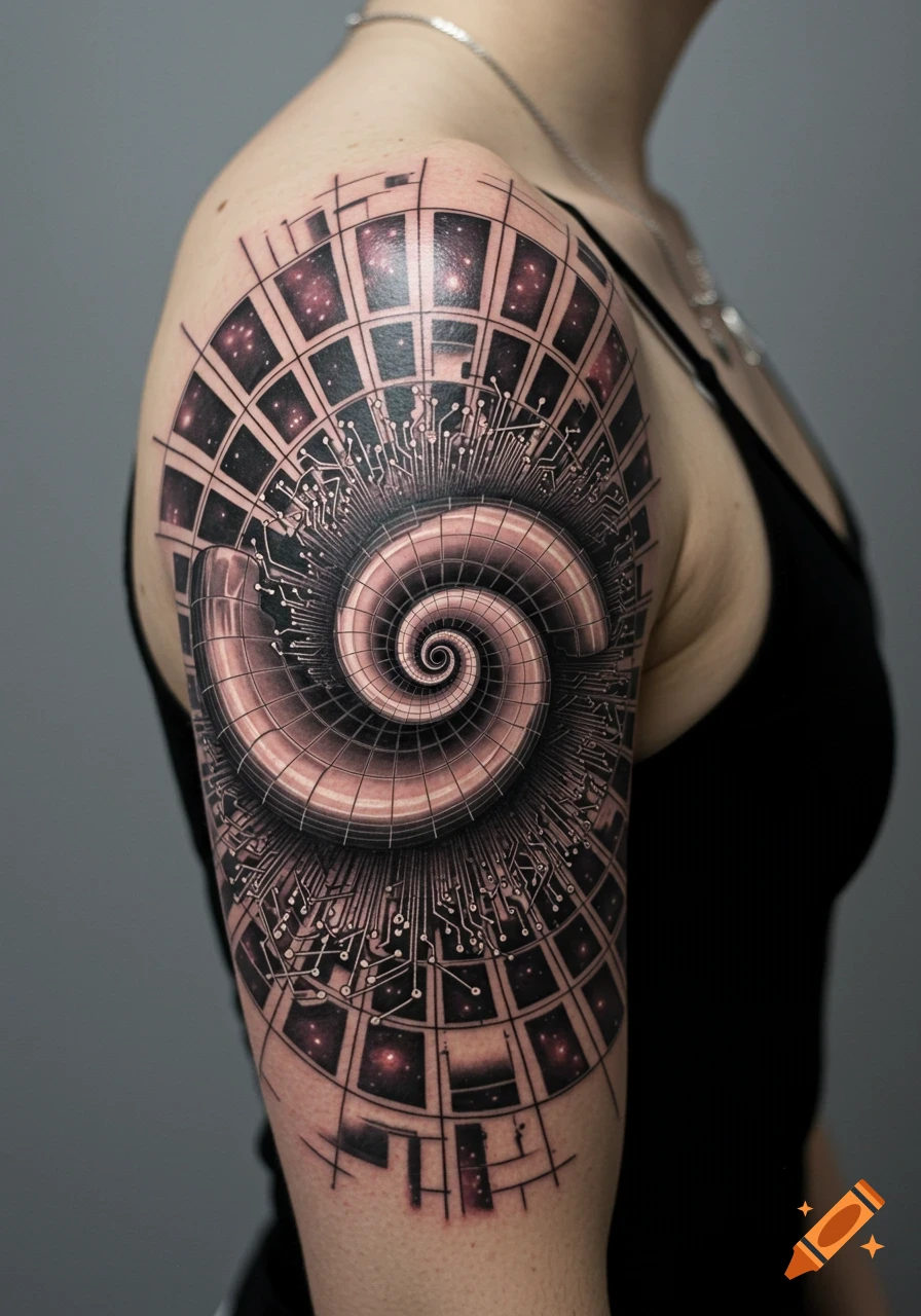 A detailed black and pink spiral tattoo with circuit patterns and grid-like, star-filled squares on a person's arm.