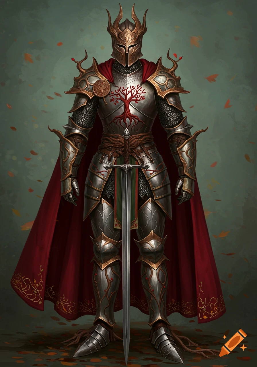 A knight in ornate silver and gold armor with a red tree emblem, roots at the feet, and a flowing red cape. Digital painting.