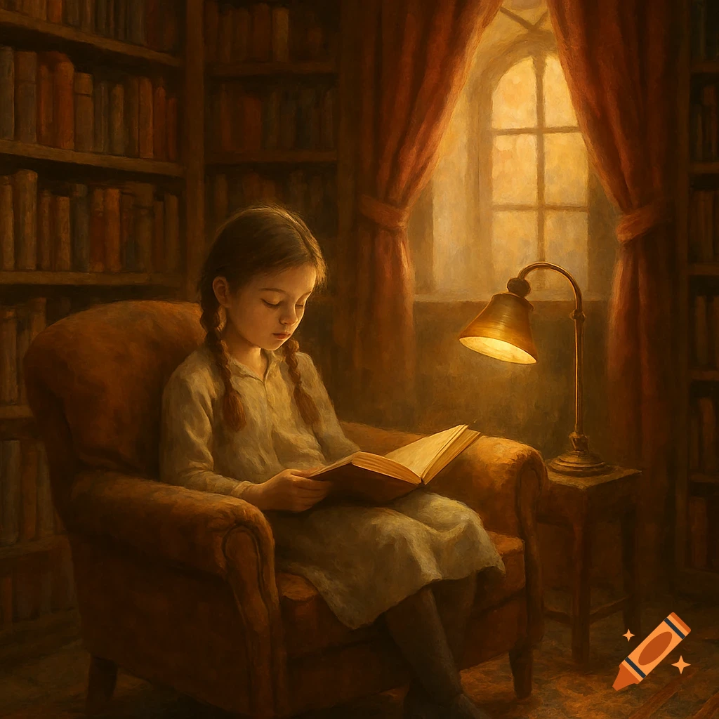 A young girl with braided hair reads a book in a cozy, painterly library with warm lighting.