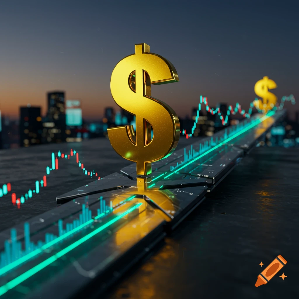 A large golden dollar sign on a rising futuristic path, flanked by glowing financial charts with a city skyline at dusk in the background.