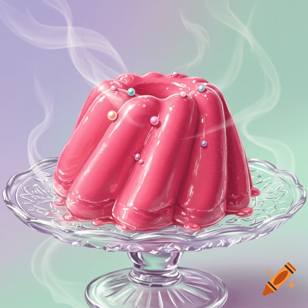 Bright pink pudding with colorful sprinkles on a glass cake stand, subtle steam rising, illustrated.