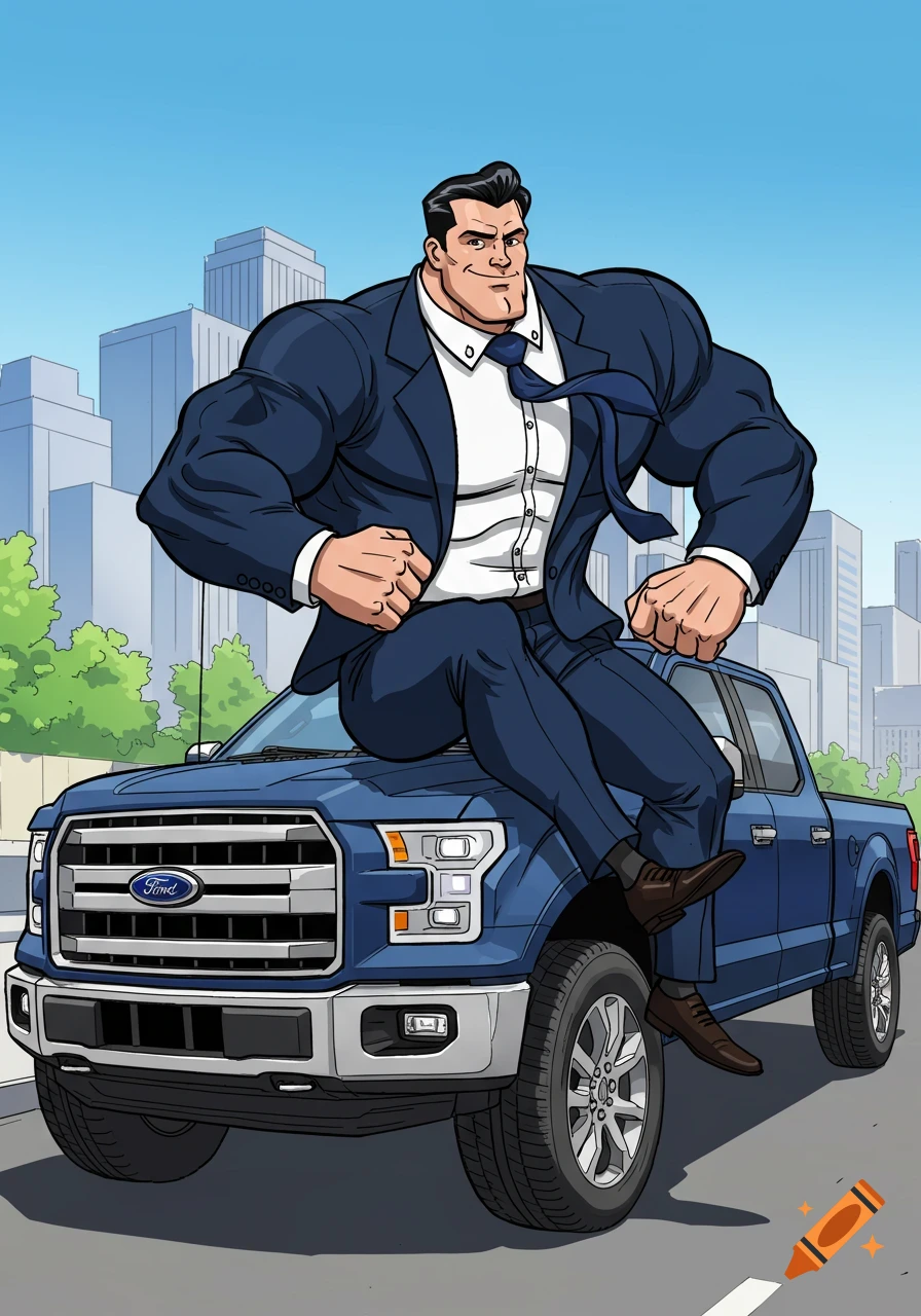 Cartoon of a muscular man in a suit sitting on a blue Ford F-150 pickup truck with a city in the background.