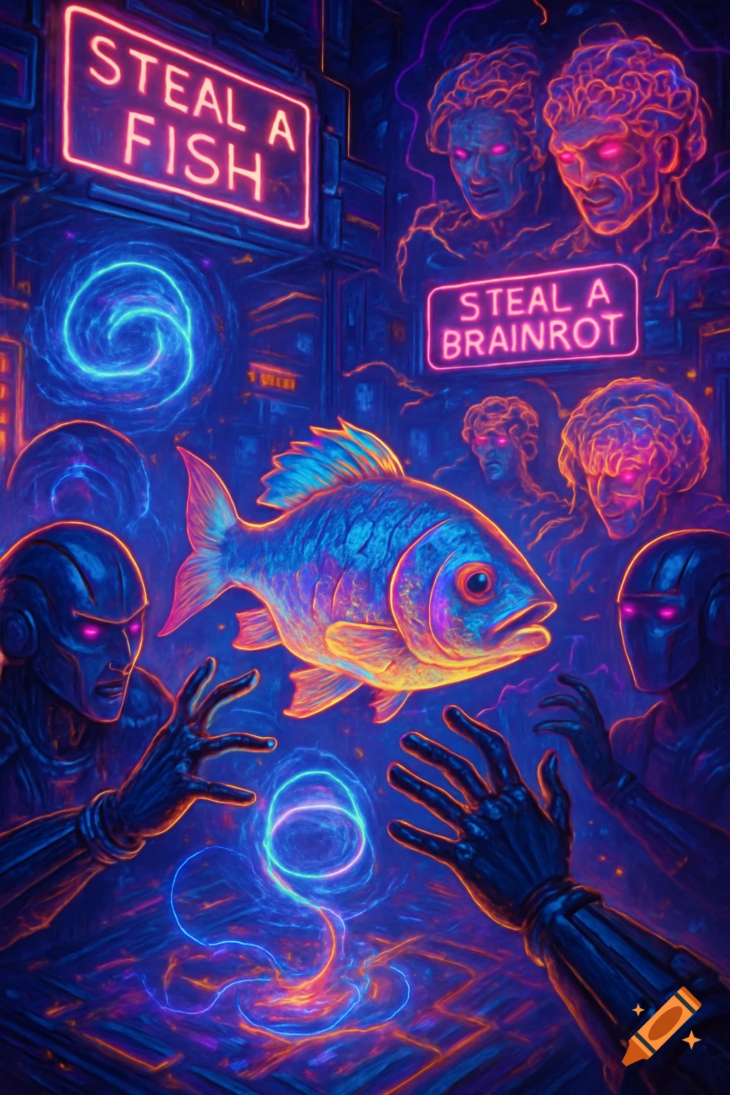 Neon sci-fi scene with glowing fish, two figures reaching, swirling energy, and signs reading STEAL A FISH and STEAL A BRAINROT.