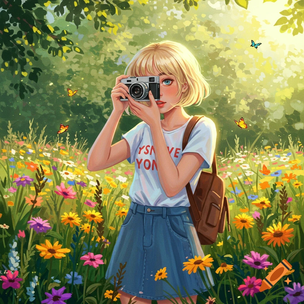 A blonde anime girl holding a camera in a vibrant flower field under a sunny sky, with butterflies.