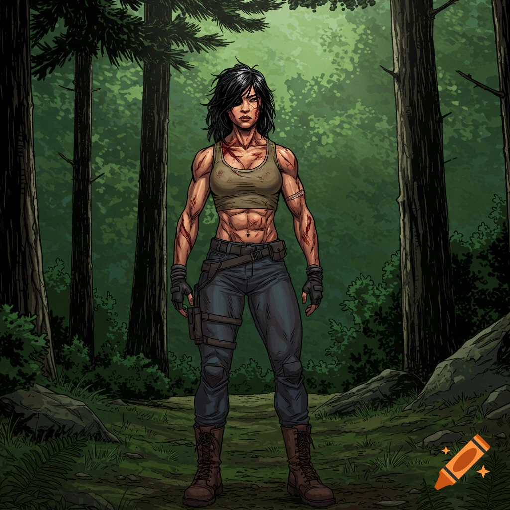 A muscular woman with black hair and scars on her face and arms stands in a dark green pine forest in a comic book style.