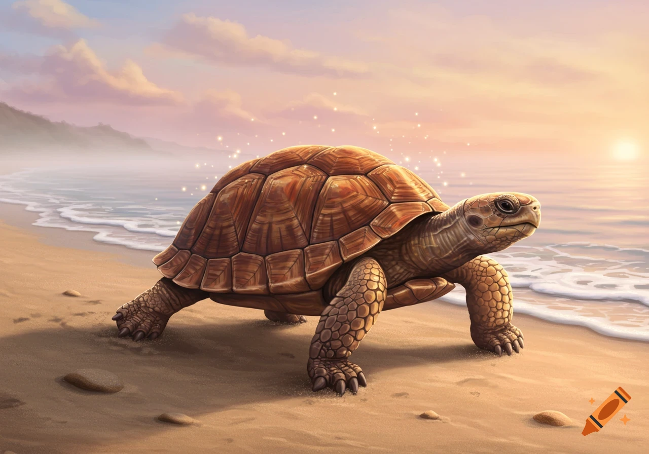 A close-up of a brown turtle on a sandy beach with gentle waves and a colorful sky at sunrise.