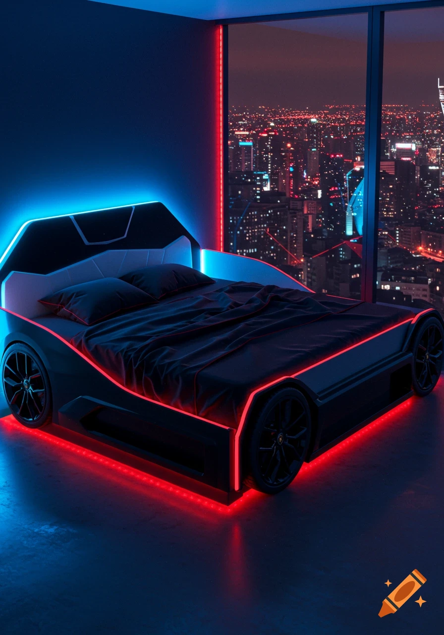 A modern bedroom features a sleek black bed shaped like a Lamborghini car, illuminated by blue and red neon lights. A large window overlooks a city skyline at night.
