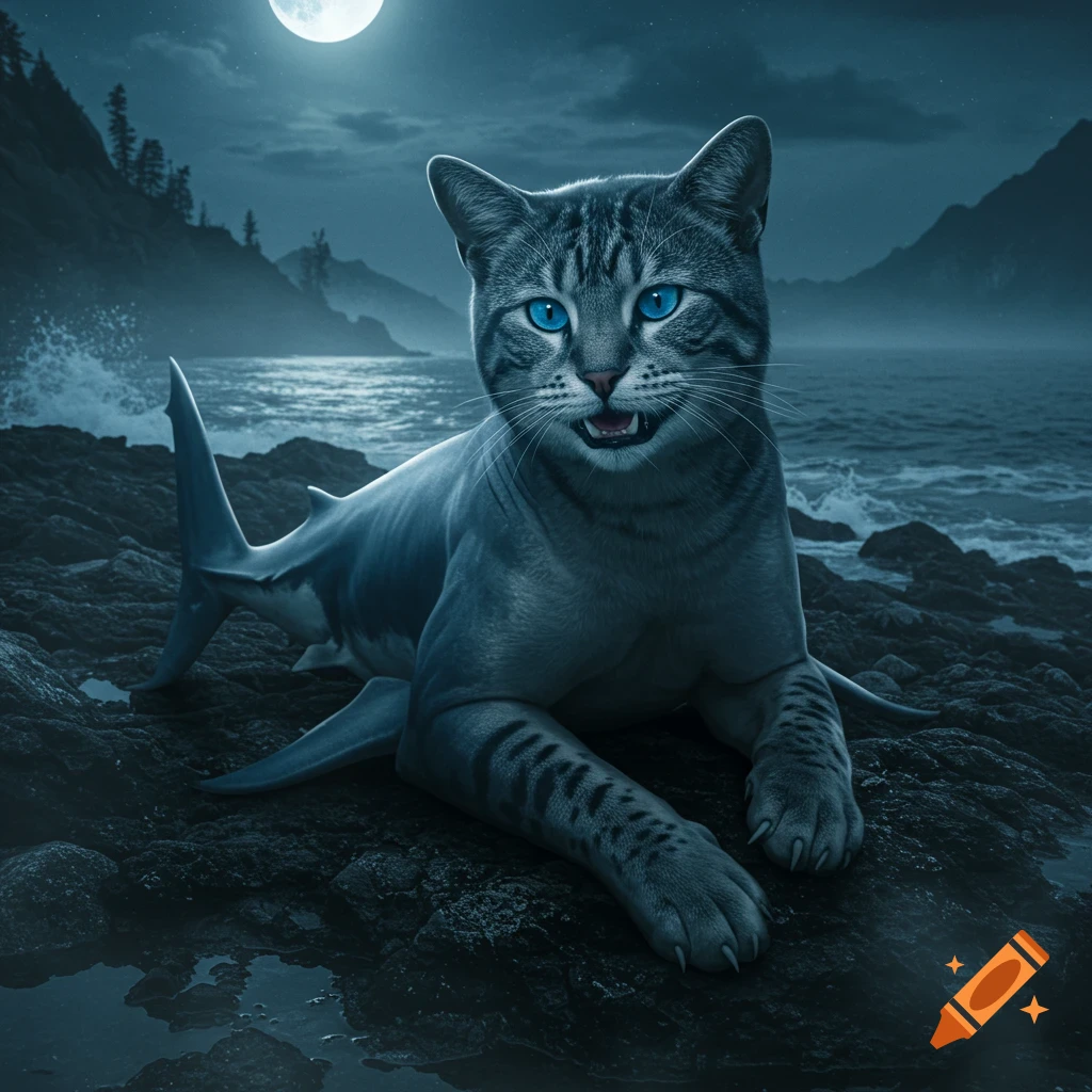 A photorealistic shark-cat hybrid with bright blue eyes, lying on a rocky shore under a full moon at night, with a stormy sea in the background.