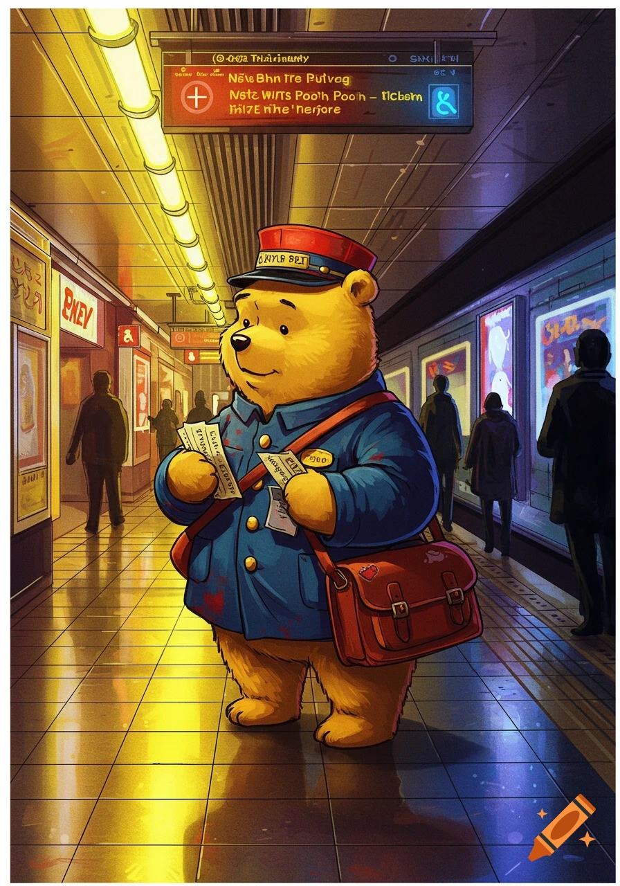Winnie the Pooh in a blue uniform and red cap, holding tickets, on a brightly lit subway platform. Stylized illustration.