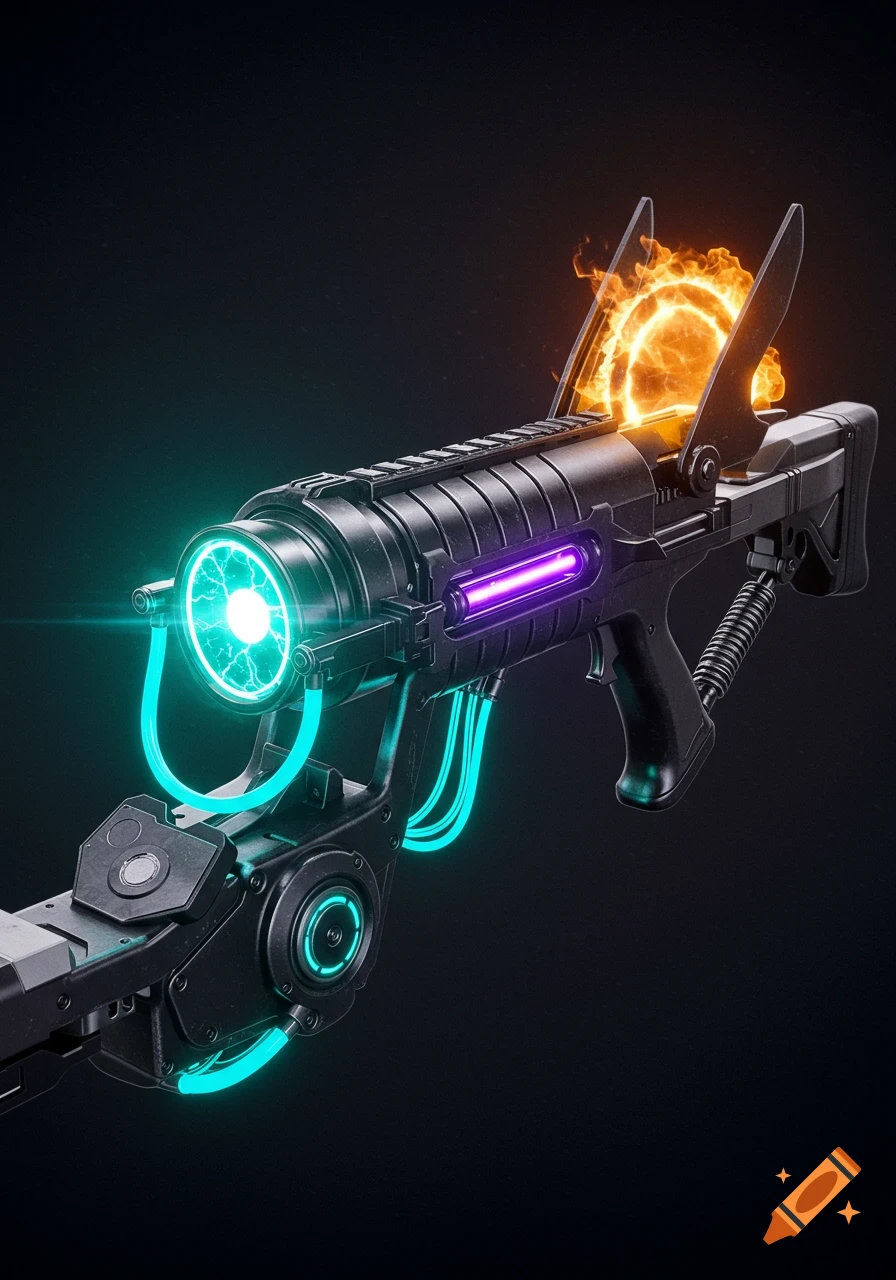 A sleek, dark futuristic weapon with glowing cyan and purple lights, and an orange fiery ring.