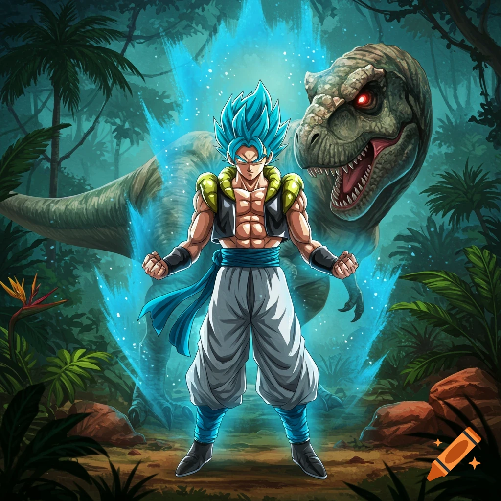 Gogeta Super Saiyan Blue with a bright blue aura standing powerfully in a lush jungle with a T-Rex behind him, in an anime art style.