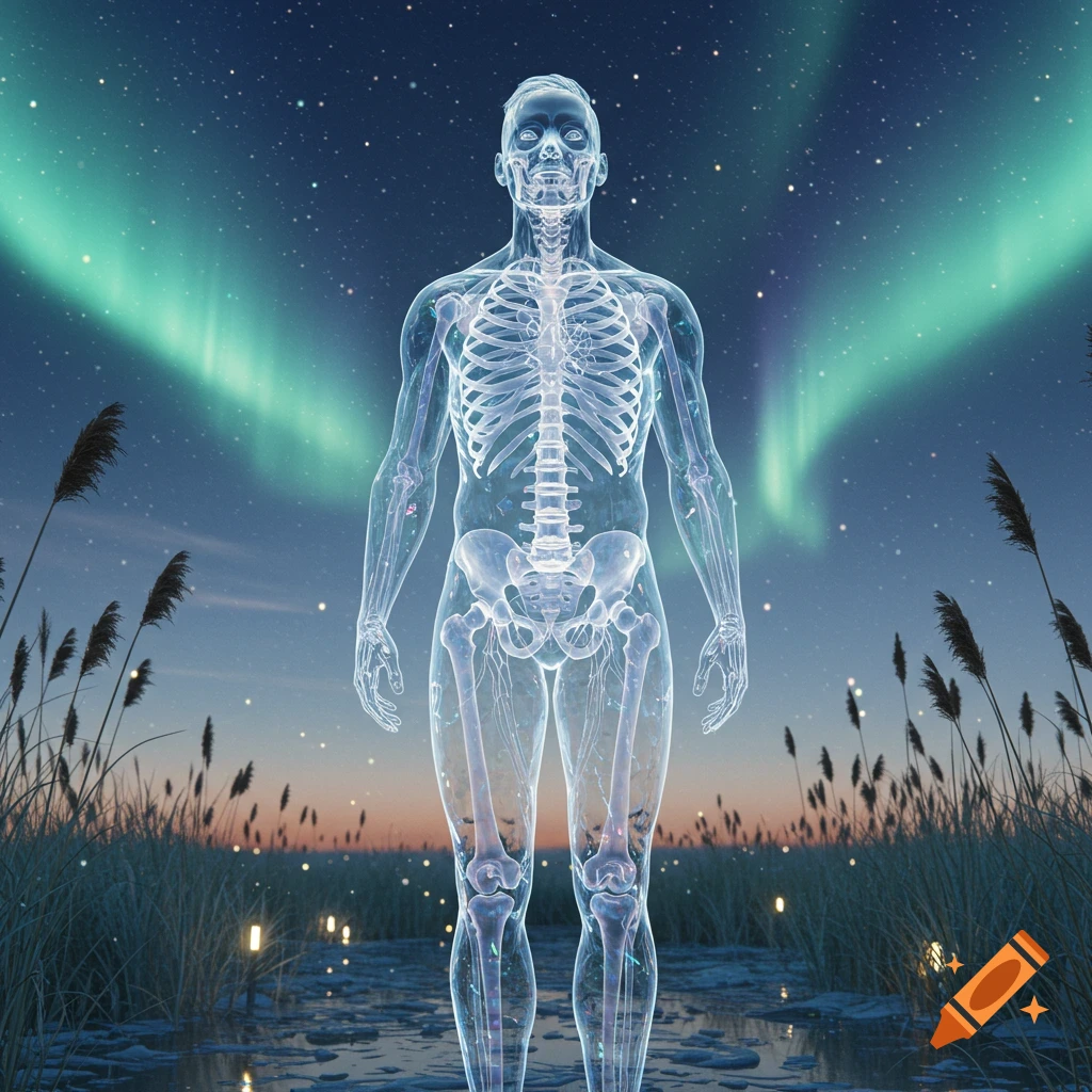 A transparent human skeleton stands in a watery field under a starry night sky with green aurora borealis.