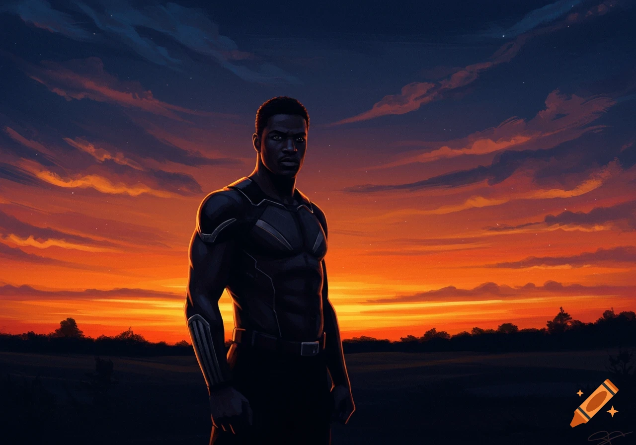 A digital painting of a muscular man in a dark superhero suit, silhouetted against a vibrant orange and blue twilight sky.