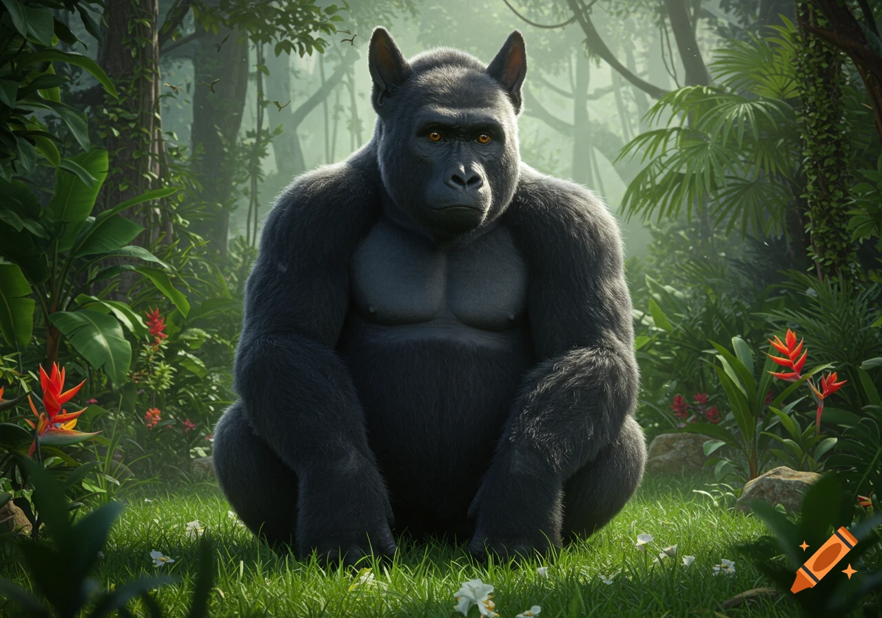A photorealistic depiction of a gorilla with dog-like ears sitting in a lush green jungle.