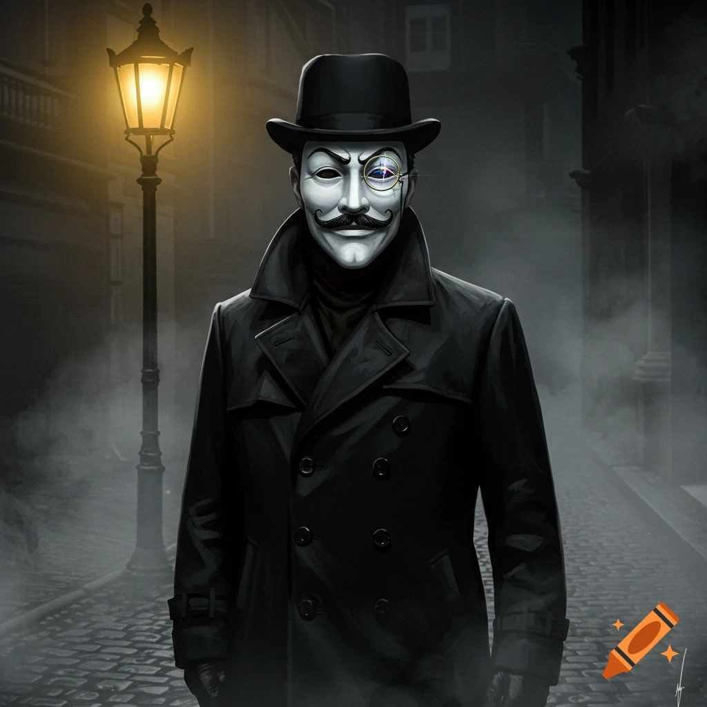 A mysterious masked man in a black trenchcoat and top hat stands on a foggy, cobblestone street under a lamppost.