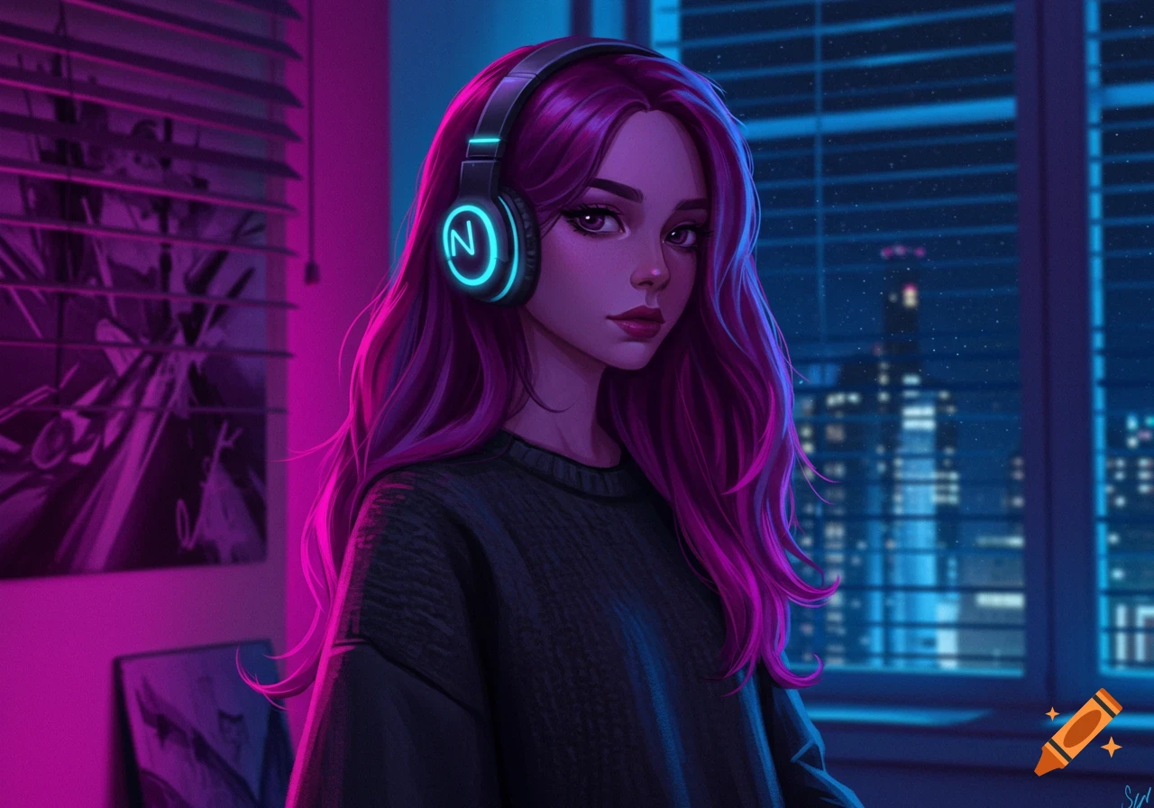 A stylized portrait of a girl with long purple hair and glowing headphones, wearing a black sweater, against a neon-lit city night background.