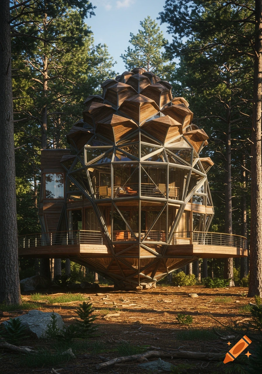 A photorealistic image of a unique pinecone-shaped modern house made of wood, glass, and steel, nestled in a sunlit forest.