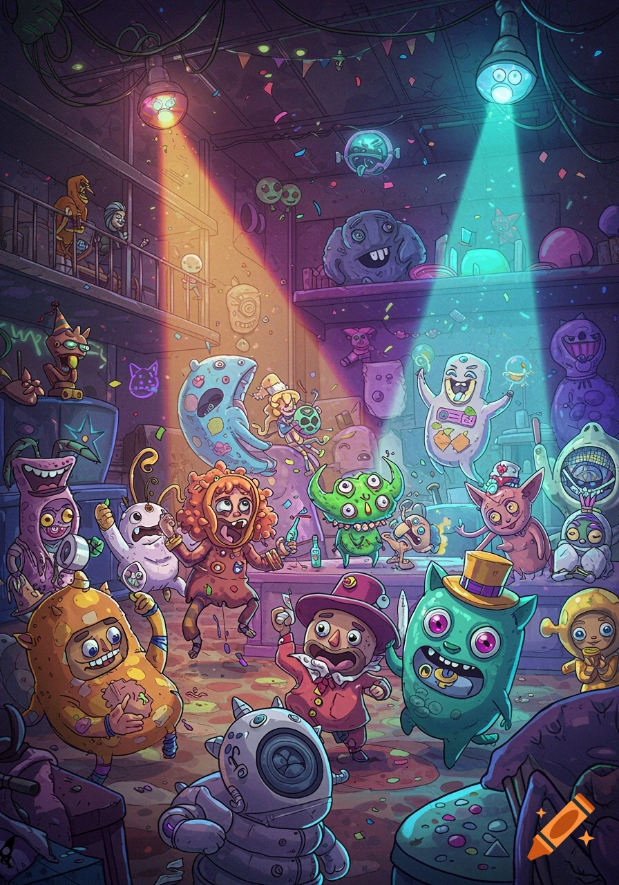 Vibrant cartoon illustration of quirky monster characters having a lively party with confetti and glowing lights.