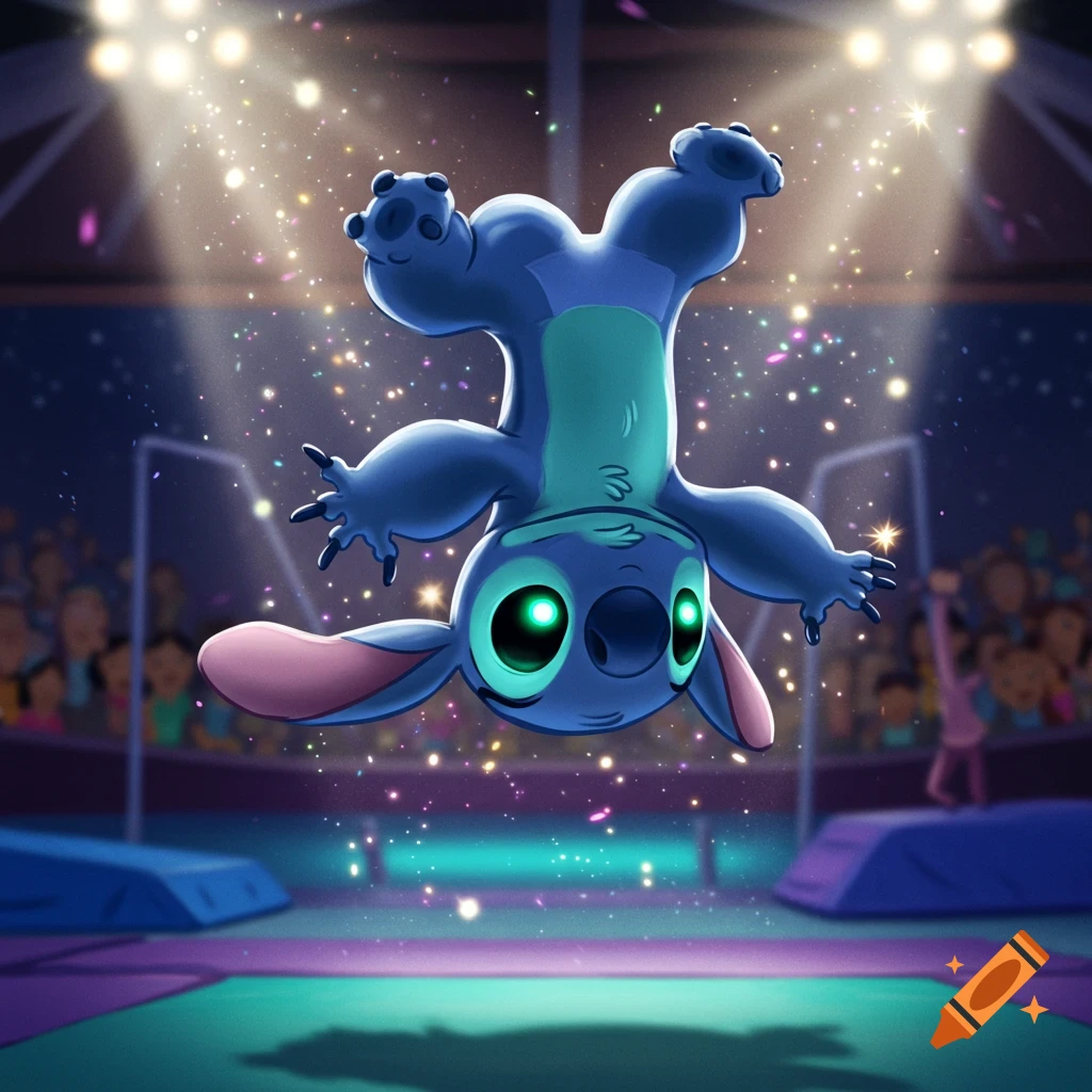 Animated Stitch in mid-air performing gymnastics under bright spotlights in an arena.