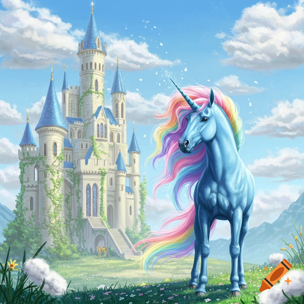 A blue unicorn with a flowing rainbow mane and tail stands in a field of flowers in front of a grand fairytale castle under a blue sky.