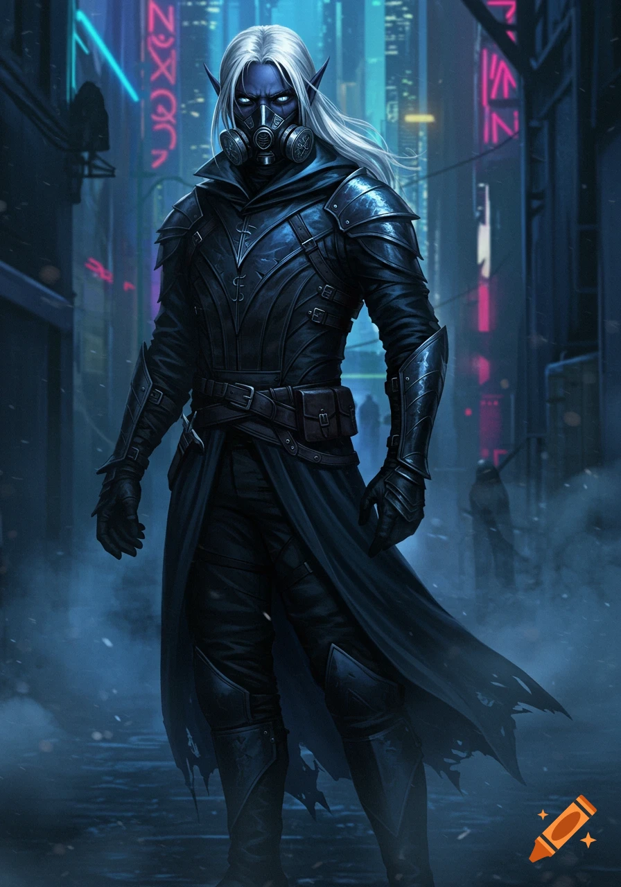 A dark elf character with white hair, blue eyes, and a gas mask stands in a dark cyberpunk city alley with neon lights.