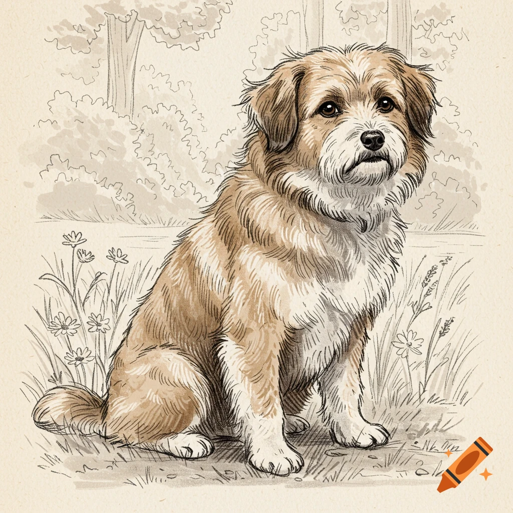 A hand-drawn illustration of a fluffy, tan and white dog sitting in a grassy field with trees in the background.