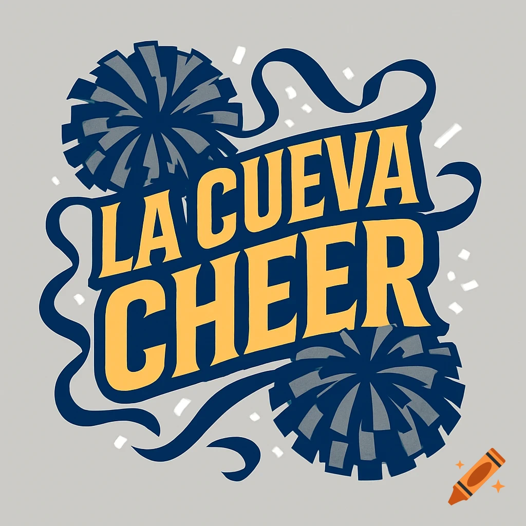 A graphic logo for "LA CUEVA CHEER" in yellow and navy blue, featuring two pom-poms, ribbons, and confetti on a light gray background.