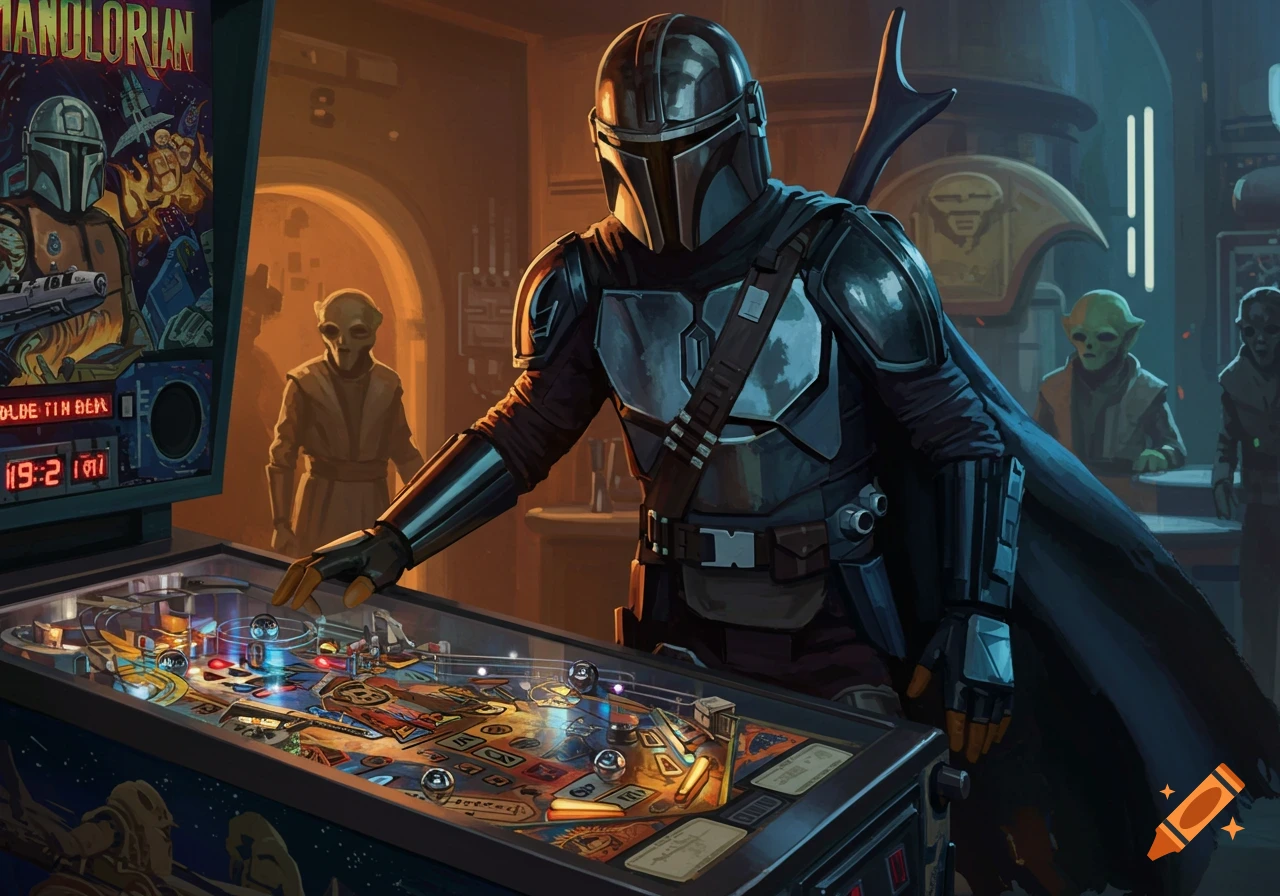 The Mandalorian plays a pinball machine with a Mandalorian-themed display in a dimly lit cantina, observed by aliens.