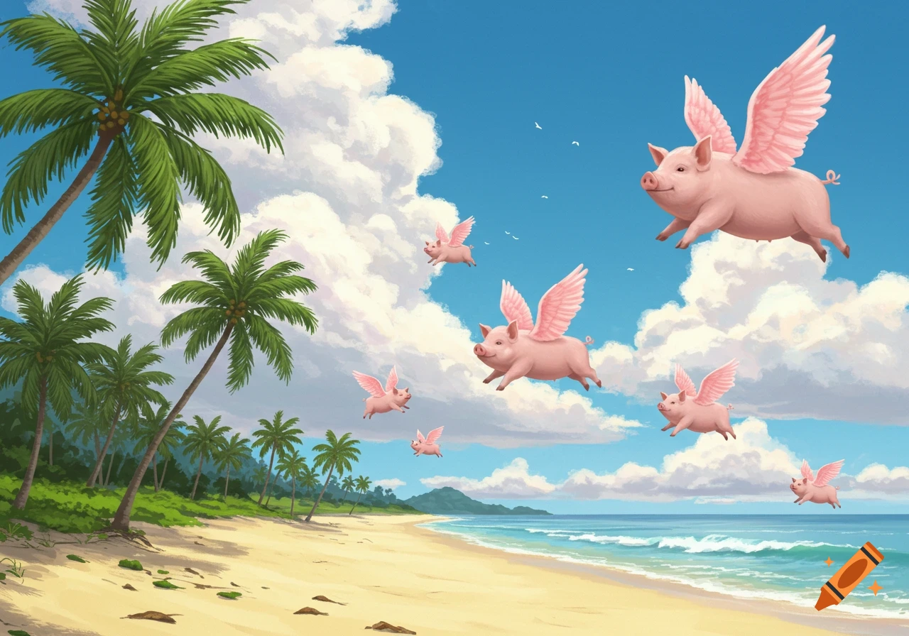 Cartoon flying pigs soar in a blue sky over a tropical beach with palm trees and ocean waves.