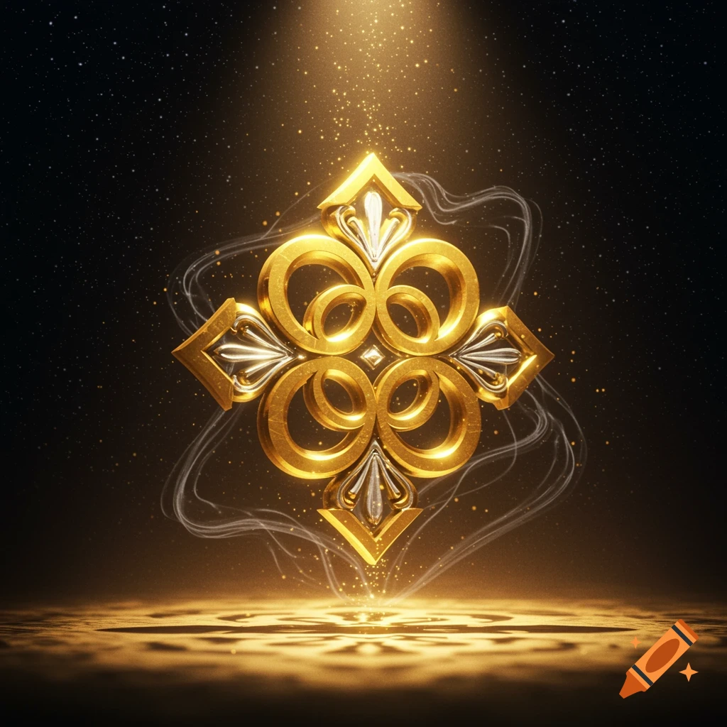 An ornate, symmetrical golden symbol glowing with light rays on a dark, starry background, reflected on a golden surface.