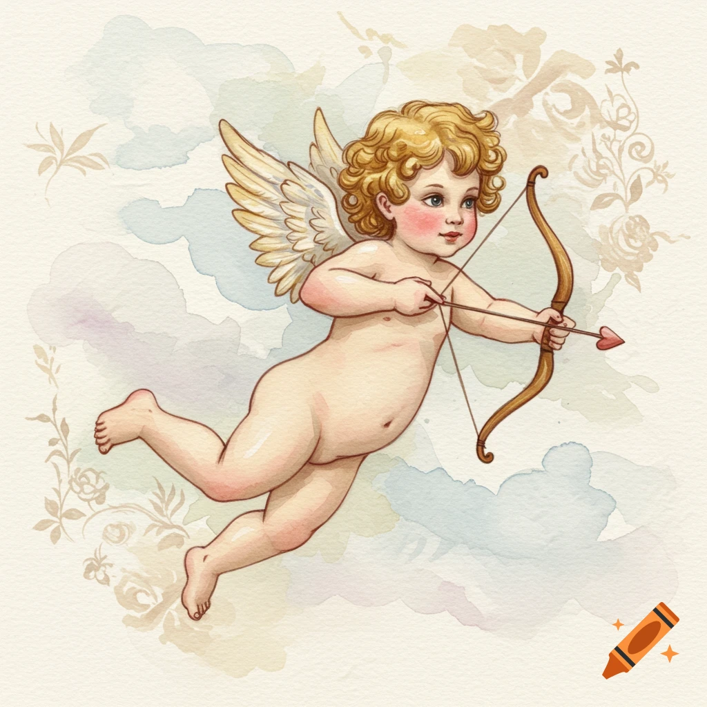 A cute cherub cupid with blonde curly hair and wings, holding a bow and arrow, depicted in a watercolor painting style.