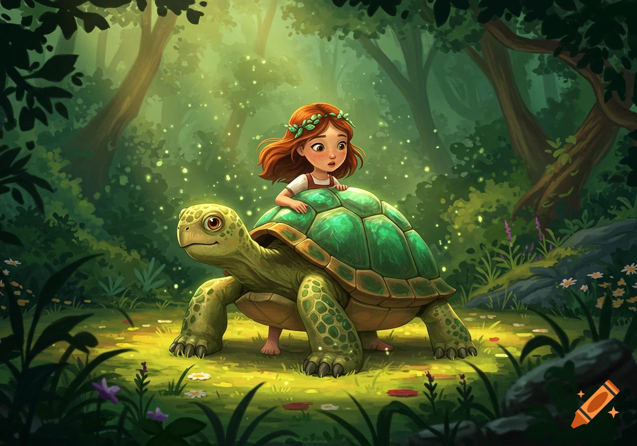 A cartoon-style illustration of a little girl with red hair and a leaf crown riding a large green turtle through a magical, glowing forest.