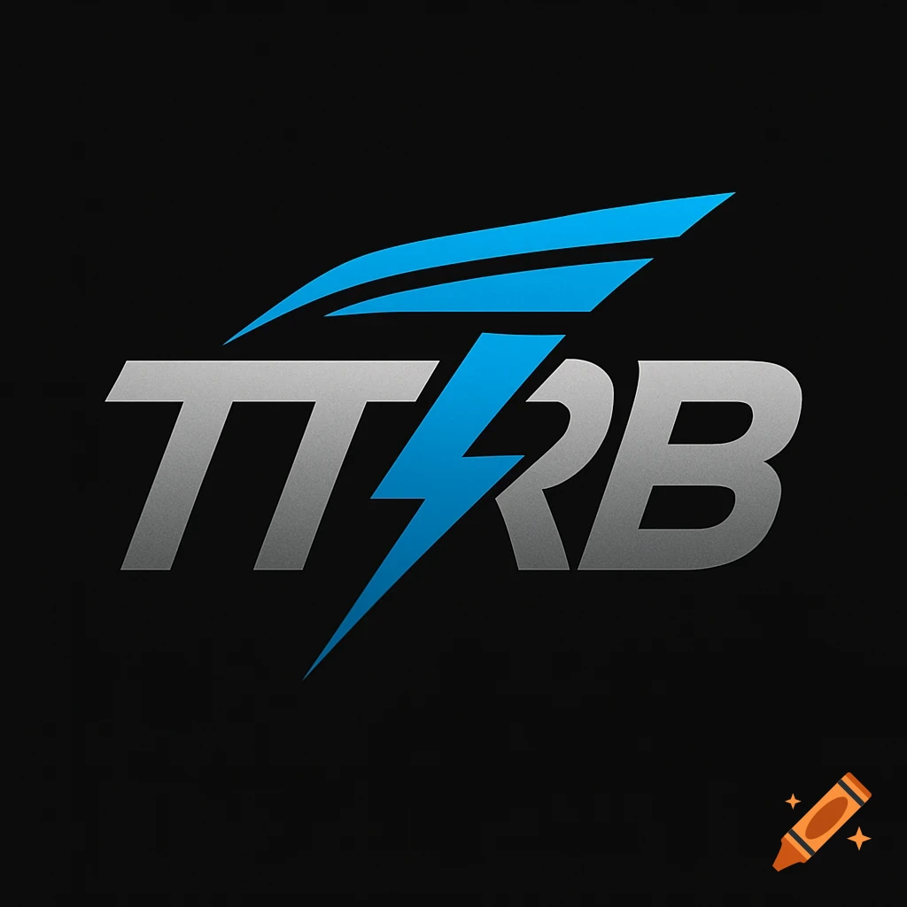 A sleek, modern logo featuring the letters TTRB in silver with a blue lightning bolt and wing element on a black background.
