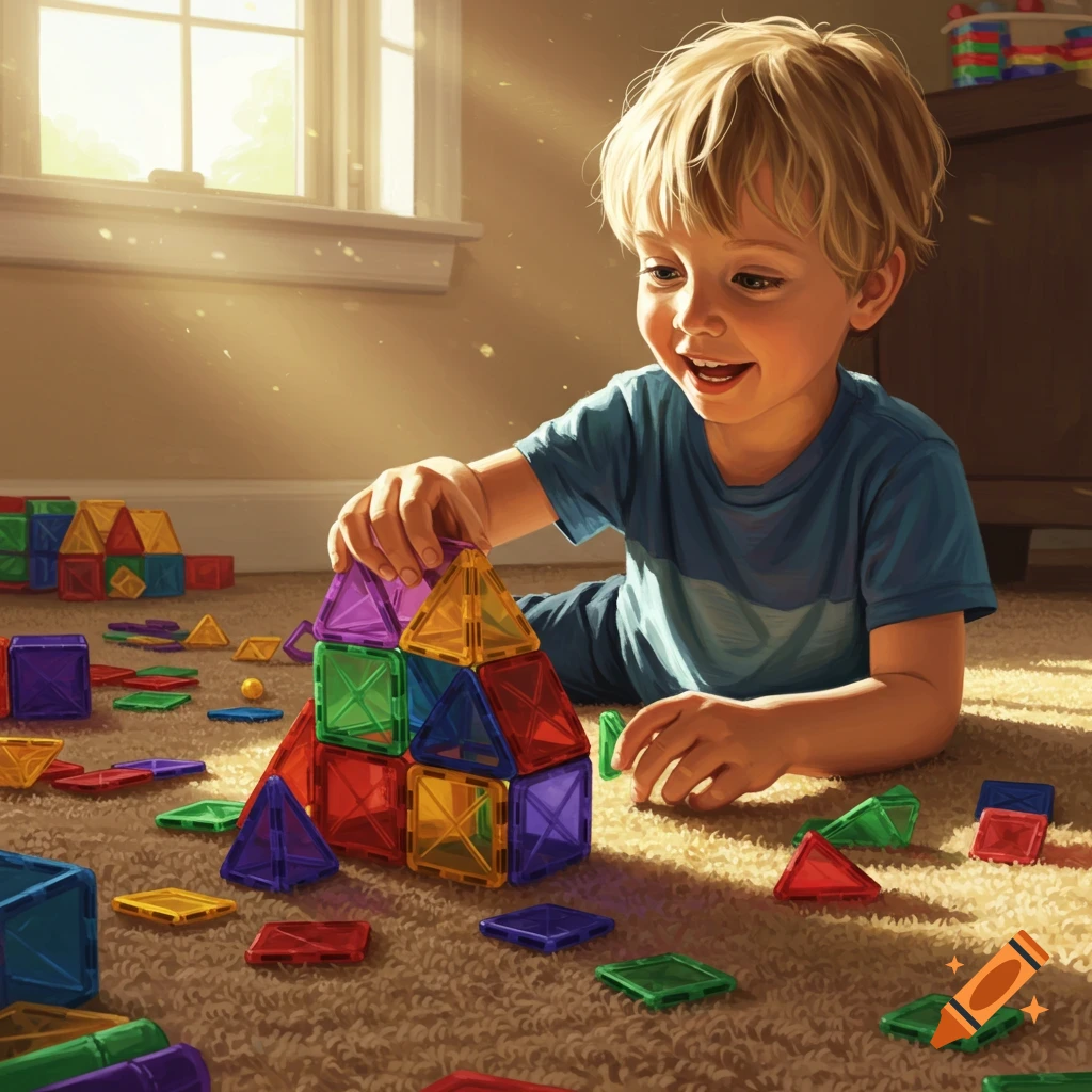 A happy child playing with colorful magnetic building tiles on a carpeted floor, bathed in sunlight.