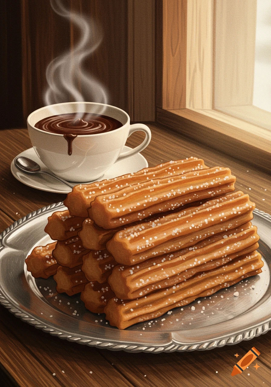 A stack of churros with sugar sprinkles on a silver plate next to a steaming cup of hot chocolate on a wooden table by a window.
