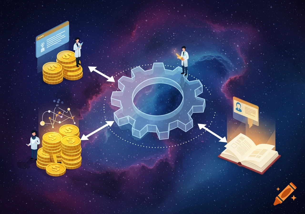 Isometric illustration of a transparent gear surrounded by scientists, stacks of coins, and an open book, all set against a cosmic background with arrows indicating connections.